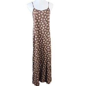 Vintage Blue Brown Floral Maxi Slip Dress Womens Large 90s Rayon 245-NA